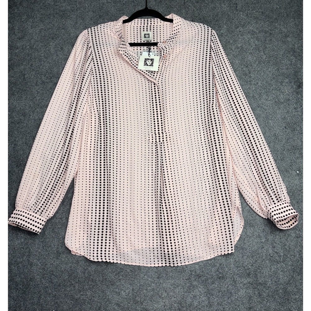 Anne Klein Women's 1X Pink Black Polka Dot Long Sleeve Blouse NWT